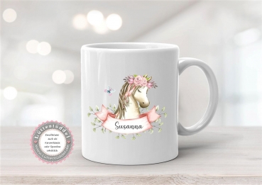 Preview: ♥ zauberhafte Tasse Emailletasse romantisches Pferd Blumen Boho Name,  Wunschname, KITA Kindergarten, Einschulung, Dankeschön, Abschied, Jubiläum, Geschenk, Becher von Lüttentüddel